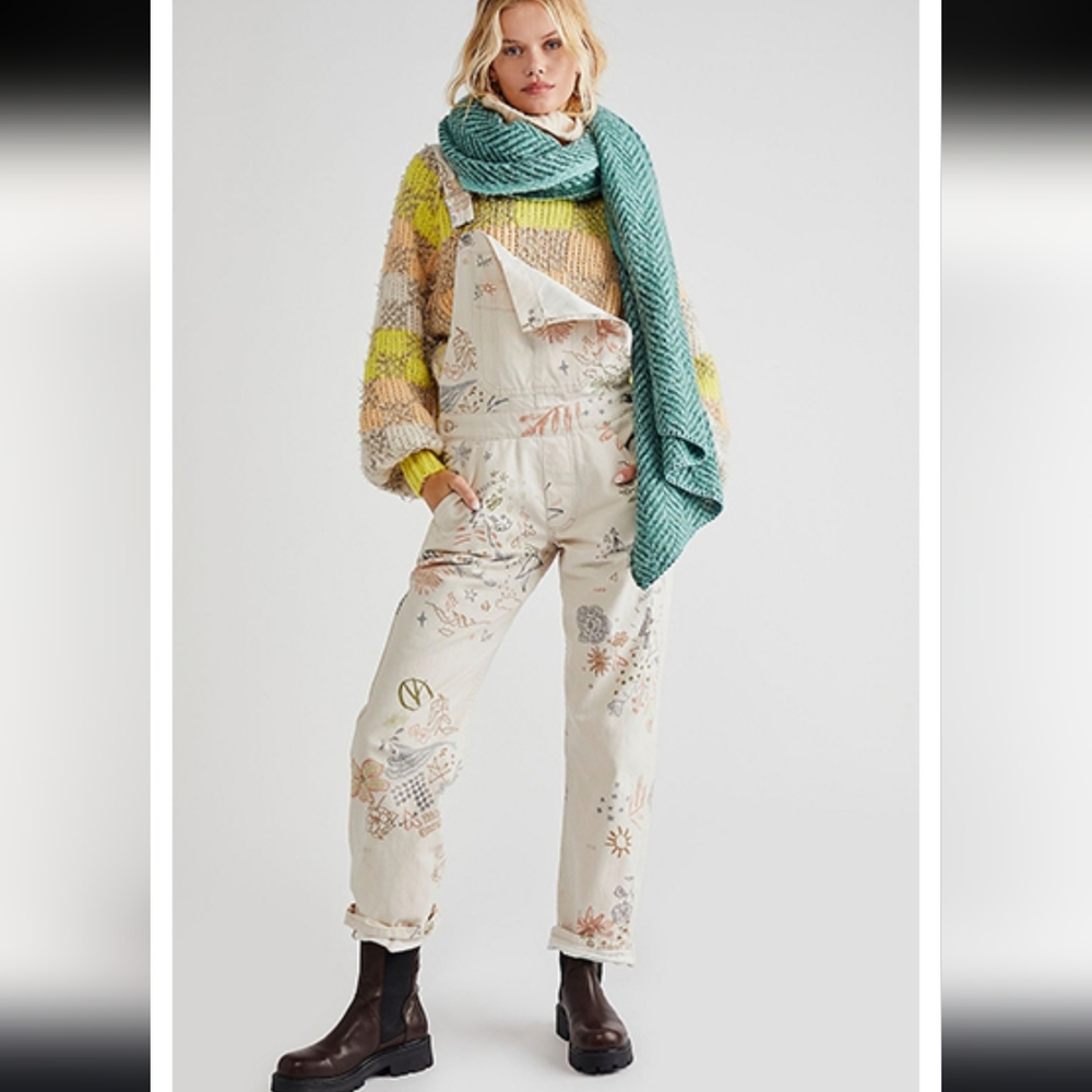 We The Free People Ziggy Pastel Floral Denim Overall Oversized Boho Hippie Y2K